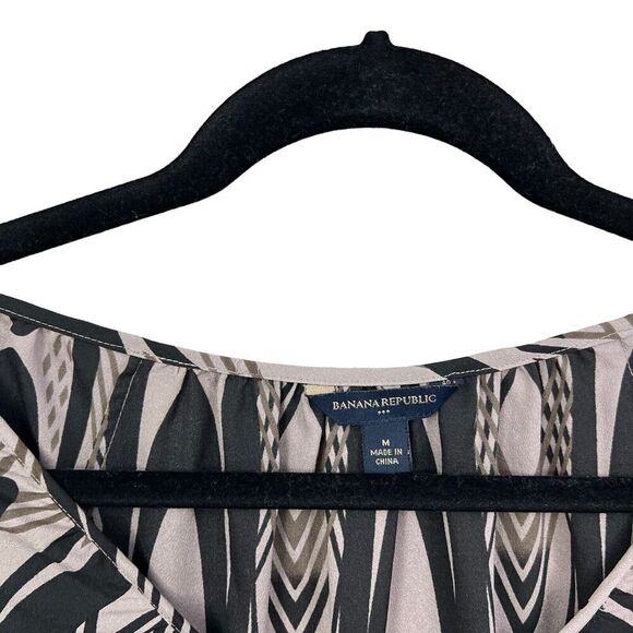 Banana Republic Blouse Keyhole Neck Tie Waist Peasant Sleeve Taupe Black Women M - Picture 3 of 5